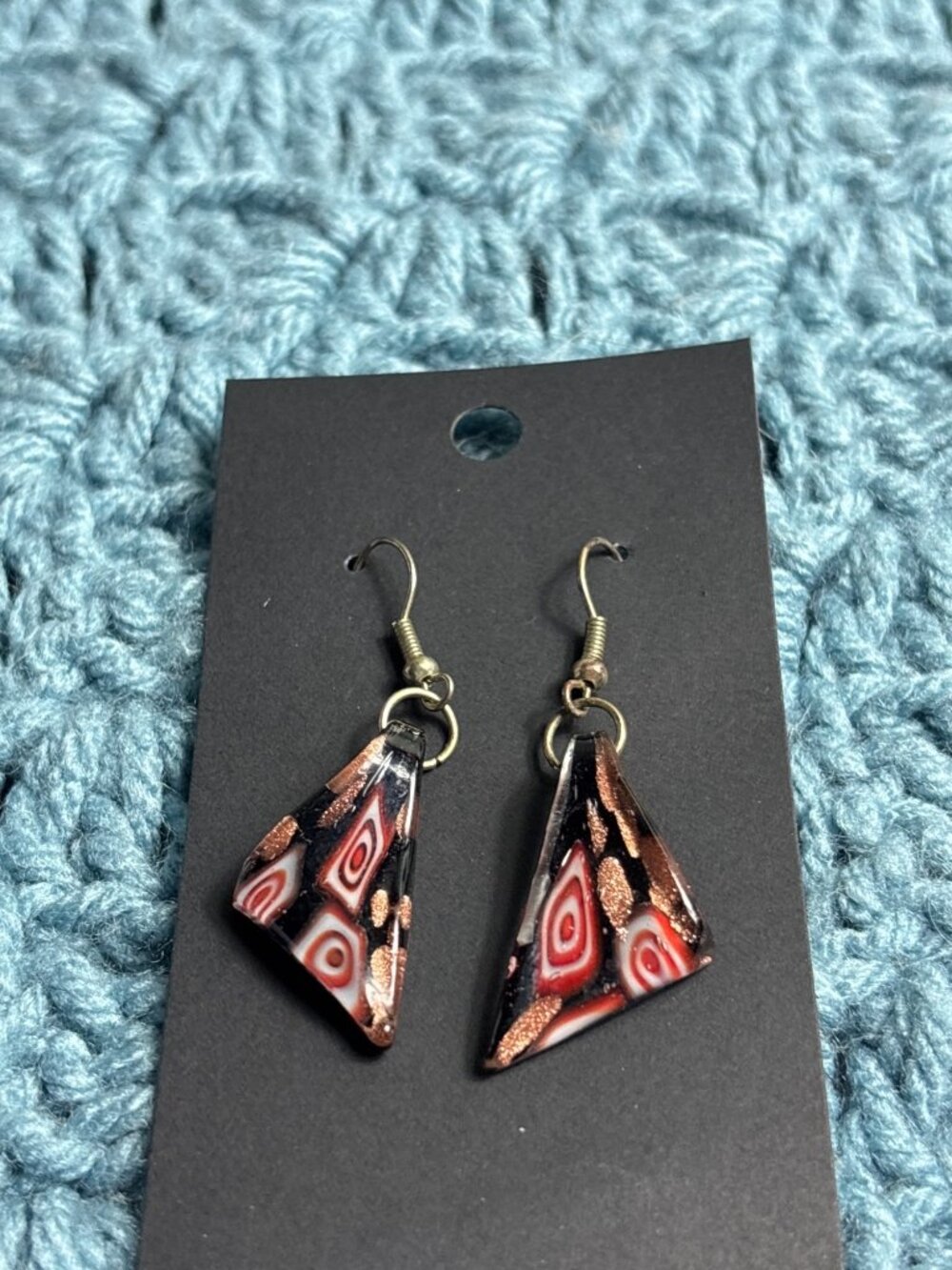 Art Glass Dangle Earrings Abstract Geometric Goldtone Hooks 1.25 inches